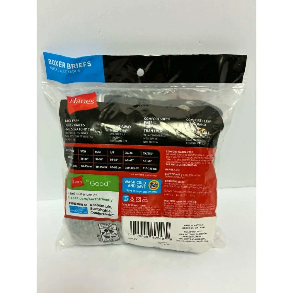 Hanes Mens 2 Pack Tagless Boxer Briefs Black Grey Large 36-38 2349VT
